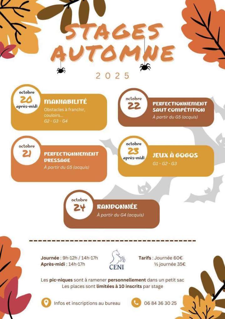 Planning de stage d'équitation octobre 2025 Saint-Savin